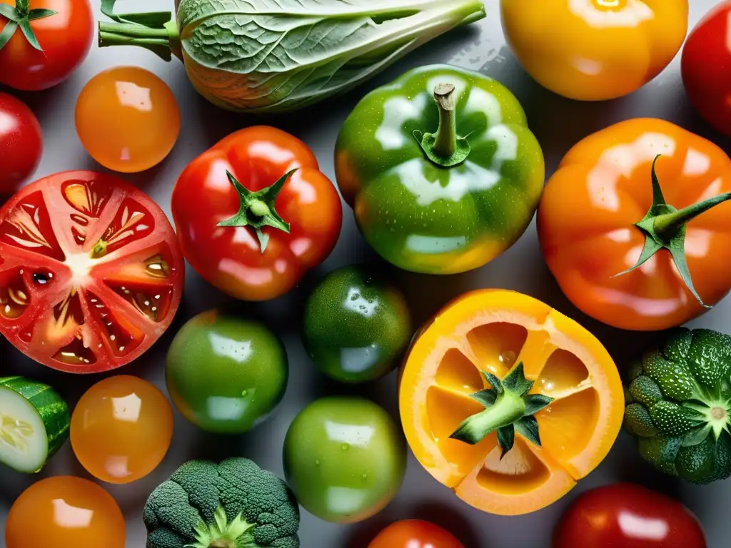 Una composición minimalista de frutas y verduras orgánicas recién cosechadas, con colores y texturas vibrantes que resaltan sobre un fondo neutro