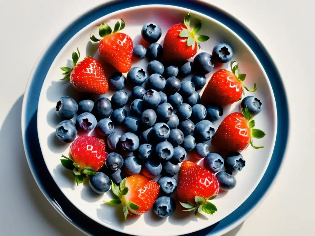 Una composición minimalista de bayas orgánicas vibrantes en un plato blanco, resaltando sus beneficios antioxidantes