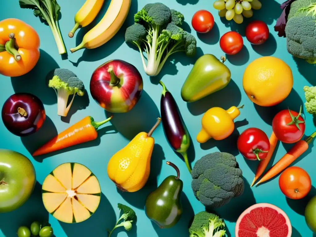 Una composición minimalista y vibrante de frutas y verduras orgánicas, resaltando la belleza natural y diversidad