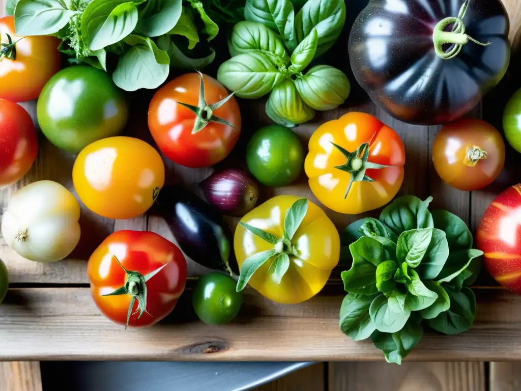 Una composición orgánica vibrante y fresca de vegetales recién cosechados en una mesa de mercado