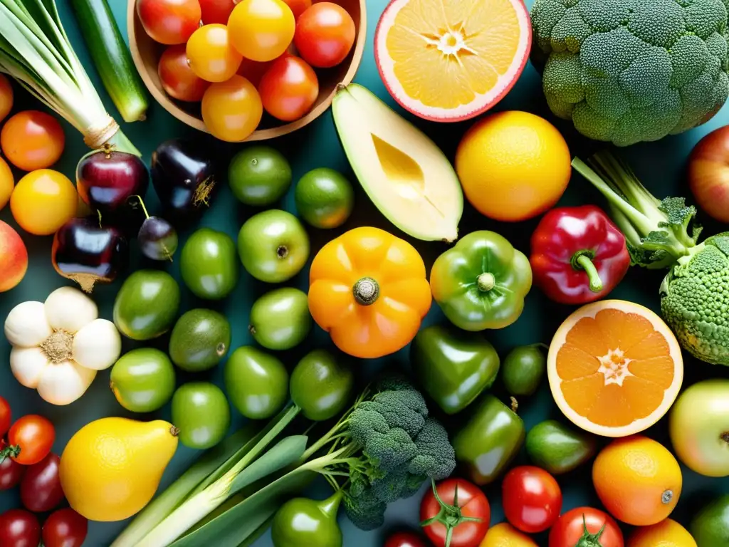 Una composición meticulosamente organizada de frutas y verduras orgánicas recién cosechadas, resaltando su vibrante color y textura