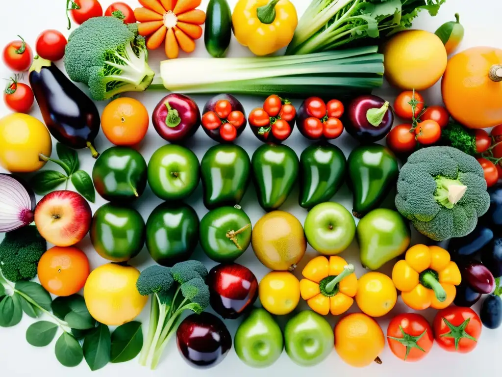 Una composición perfecta de frutas y verduras orgánicas, resplandecientes y vibrantes en un elegante mostrador blanco
