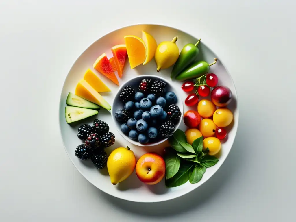 Una composición serena de alimentos orgánicos para reducir ansiedad, con frutas y verduras vibrantes y frescas en un plato circular