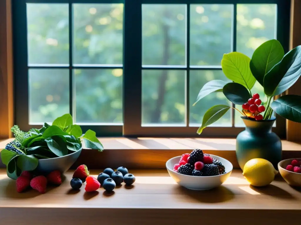 Una composición serena de alimentos orgánicos en una mesa de madera, iluminada por luz natural