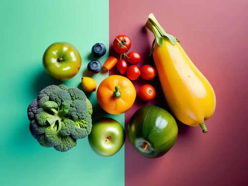 Una composición serena de frutas y verduras orgánicas, resaltadas por la suave iluminación natural