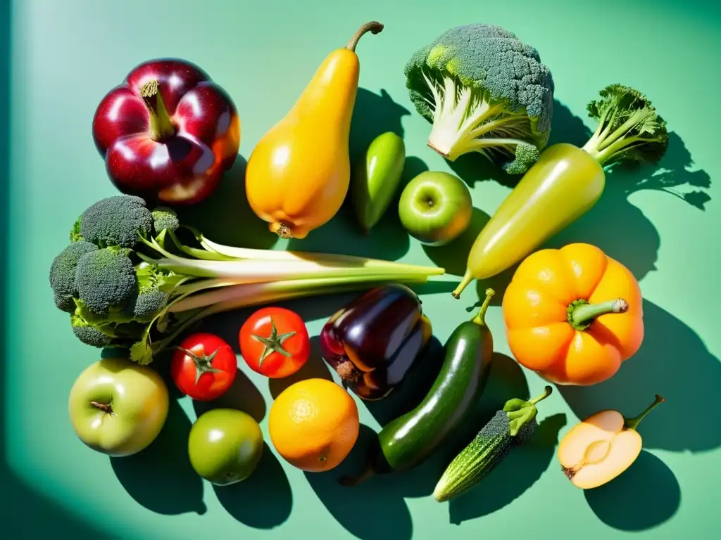 Una composición serena de frutas y verduras orgánicas, resplandeciendo en la luz natural