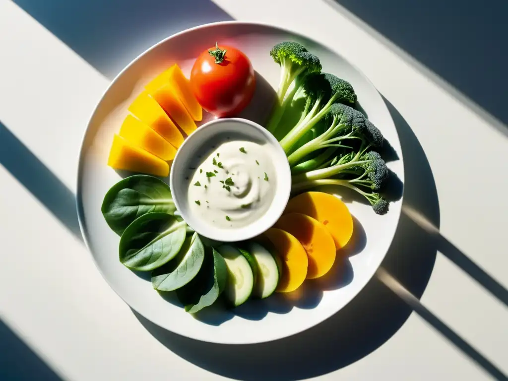 Una composición serena de vegetales frescos orgánicos en un plato blanco, bañada en luz natural