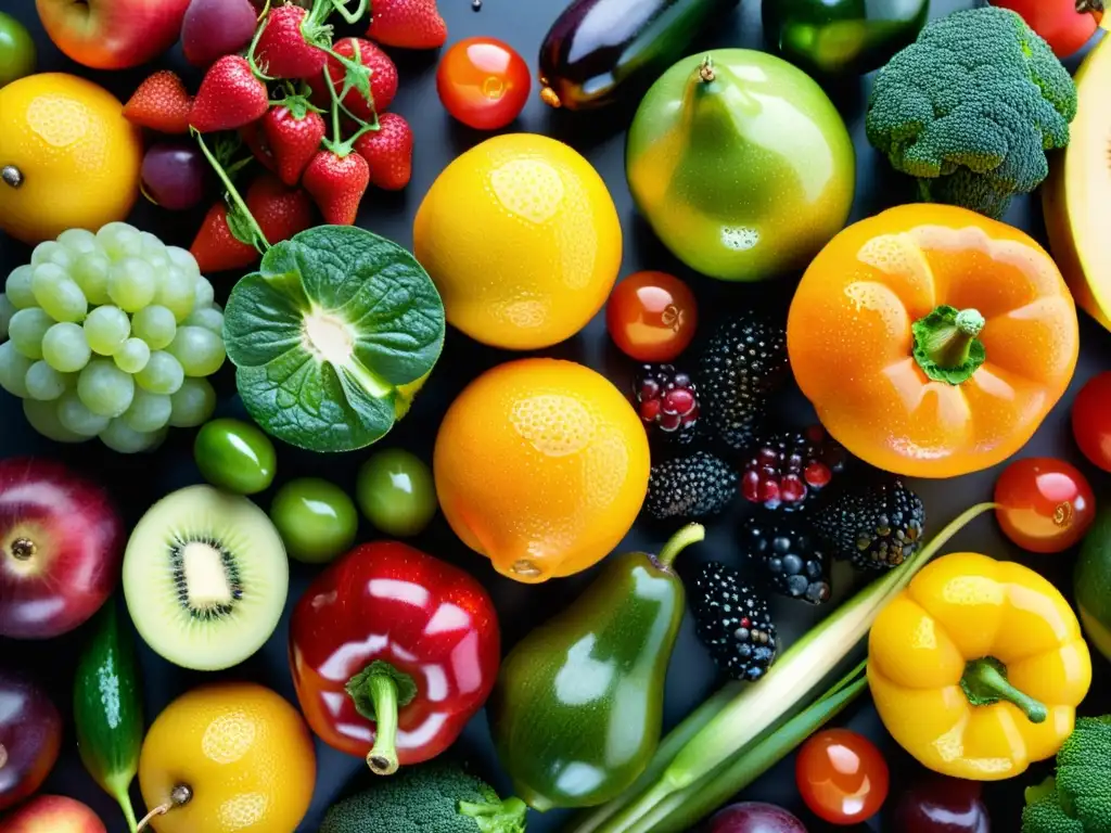 Una composición simétrica de frutas y verduras orgánicas frescas, con colores vibrantes y texturas que resaltan sus beneficios para la salud cardíaca