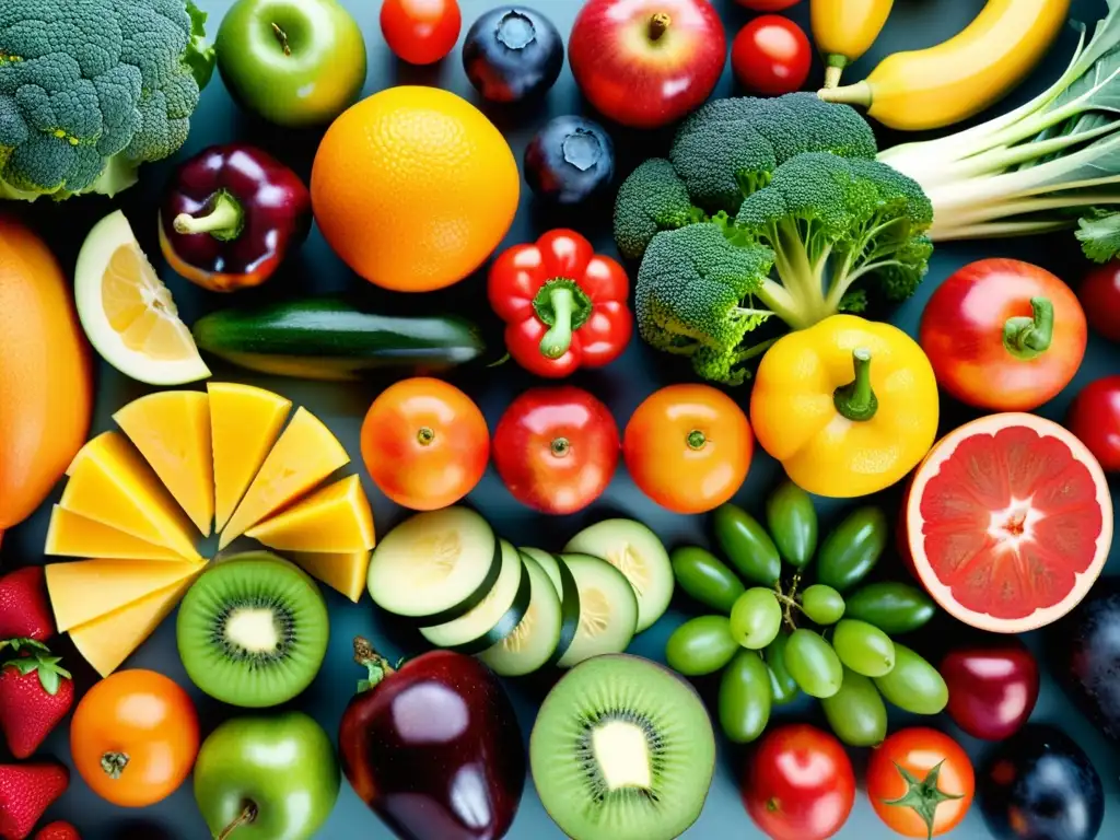 Una composición simétrica de frutas y verduras orgánicas, vibrantes y detalladas, destaca su frescura y beneficios antioxidantes