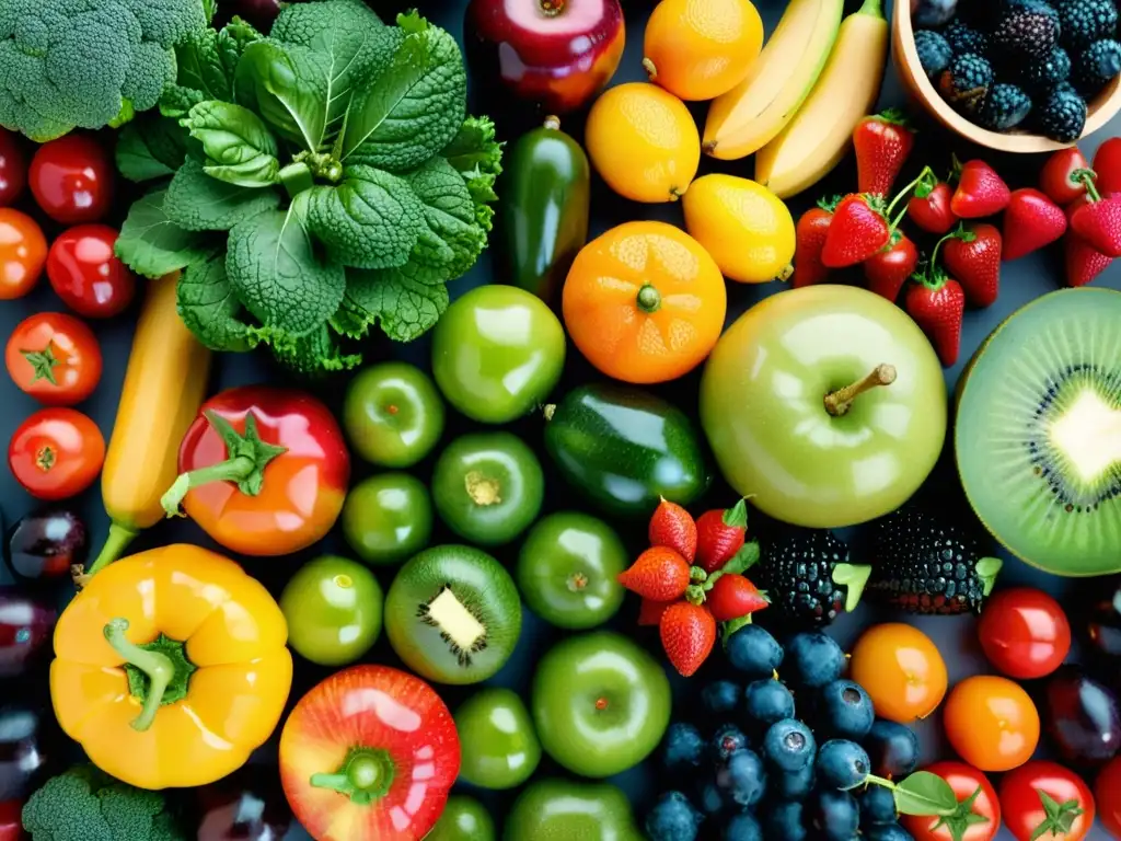 Una composición simétrica de frutas y verduras orgánicas frescas, vibrantes y detalladas, con gotas de agua