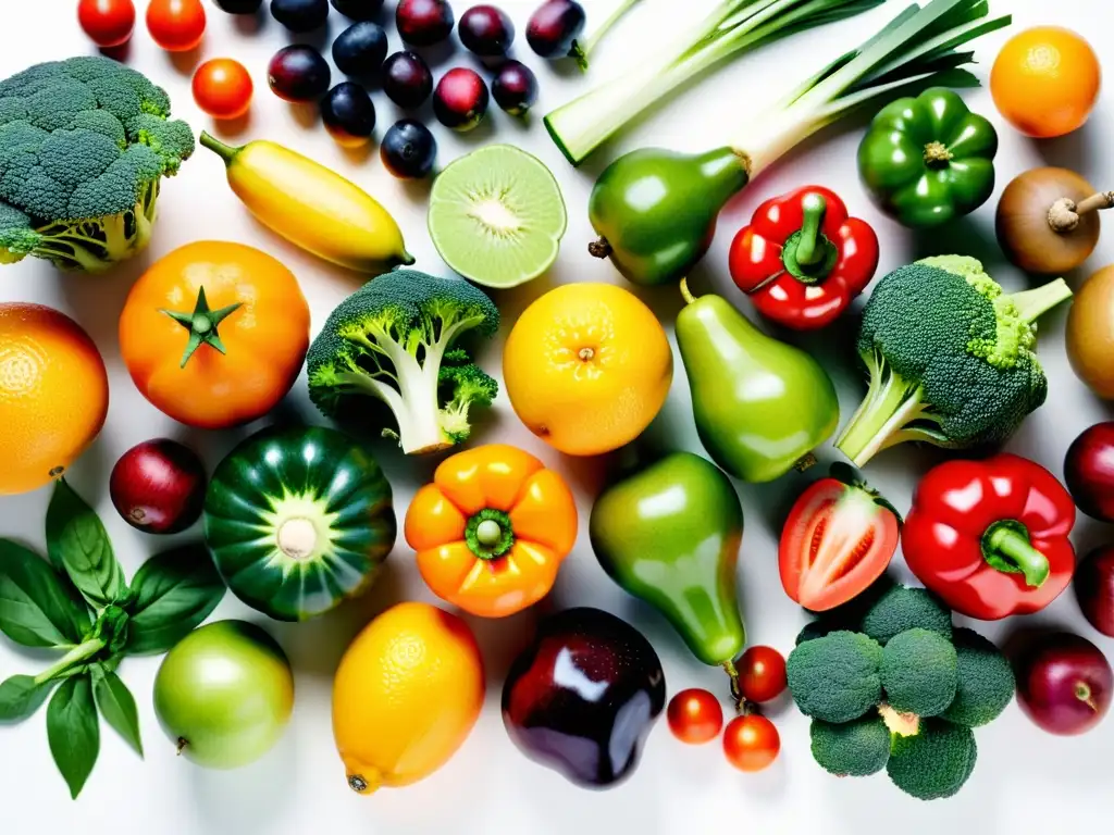 Una composición simétrica de frutas y verduras orgánicas vibrantes en una superficie blanca, evocando frescura y abundancia