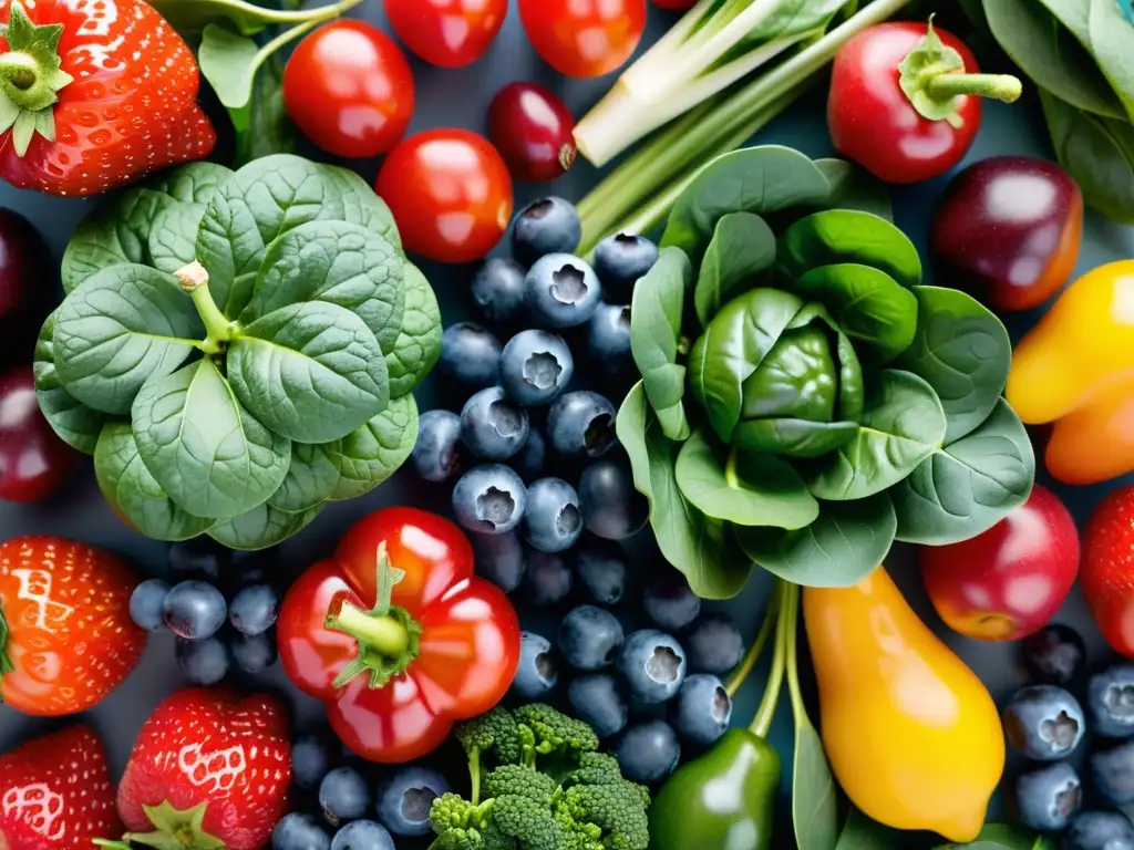 Una composición simétrica de frutas y verduras orgánicas, resplandeciendo en colores vibrantes