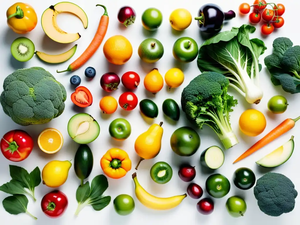 Una composición simétrica de frutas y verduras orgánicas coloridas, resalta la belleza natural y diversidad de los alimentos