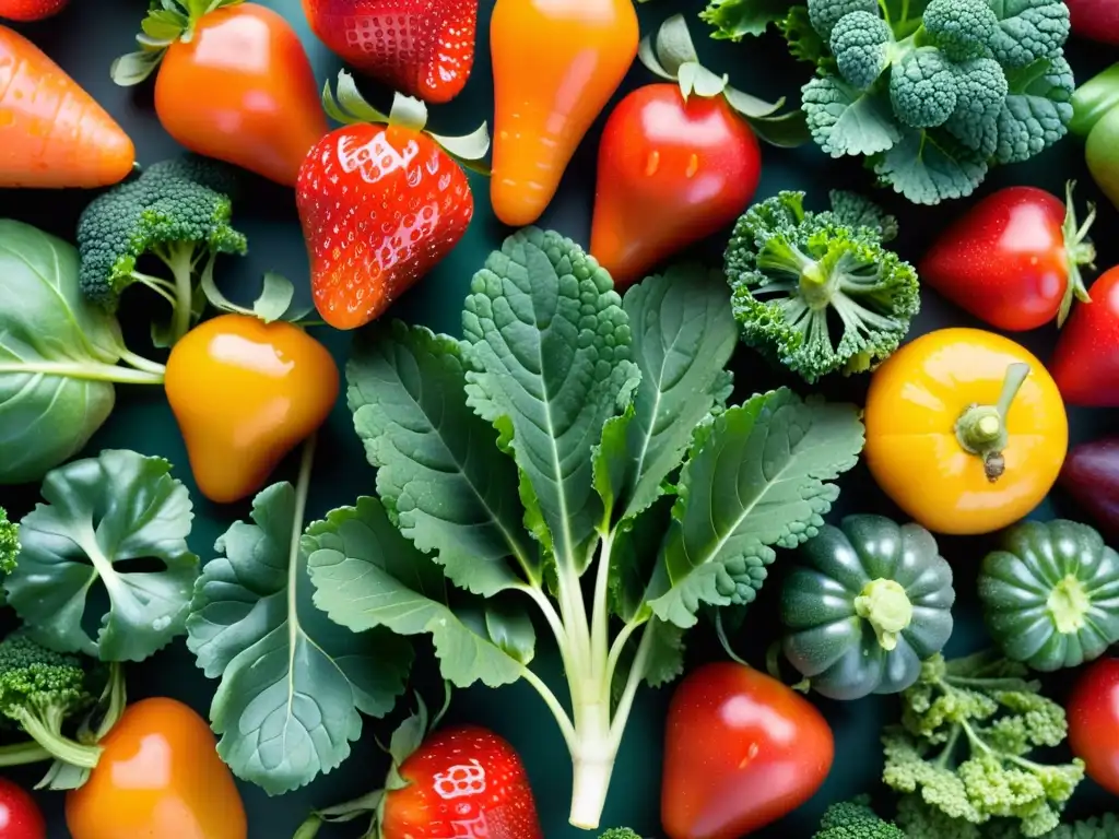 Una composición simétrica de frutas y verduras orgánicas frescas, goteando agua