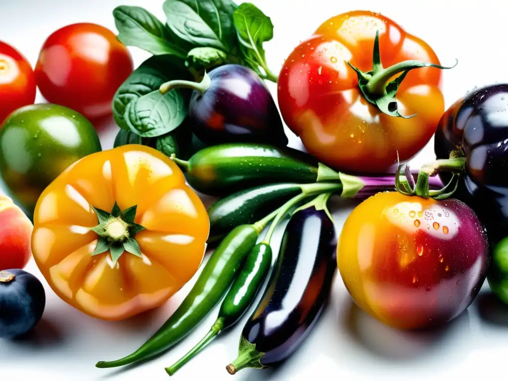 Una composición simétrica de vegetales y frutas orgánicas vibrantes, con tomates, acelgas, berenjenas y duraznos, goteando agua, sobre fondo blanco