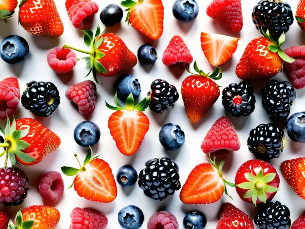 Una composición simétrica de bayas orgánicas vibrantes, resaltando los beneficios antioxidantes de estos saludables alimentos