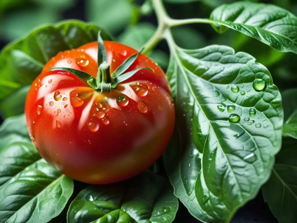 Una composición simple y elegante de un tomate rojo vibrante y hojas de albahaca fresca, con gotas de agua brillando en su superficie