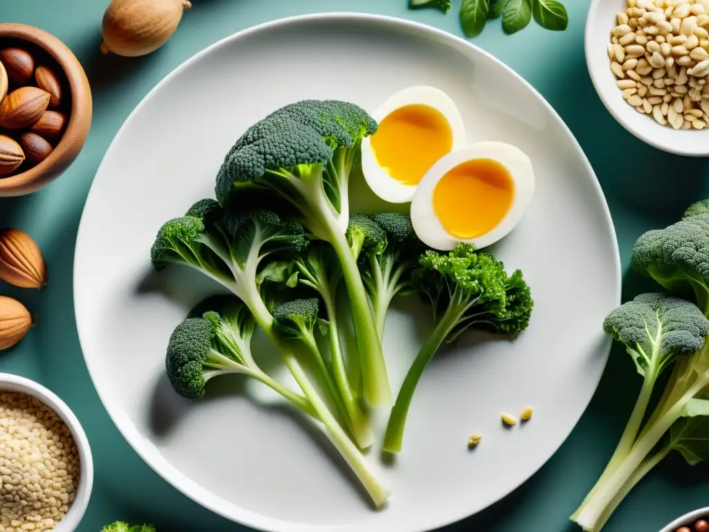 Una composición vibrante de alimentos orgánicos para fortalecer los huesos en un moderno plato blanco