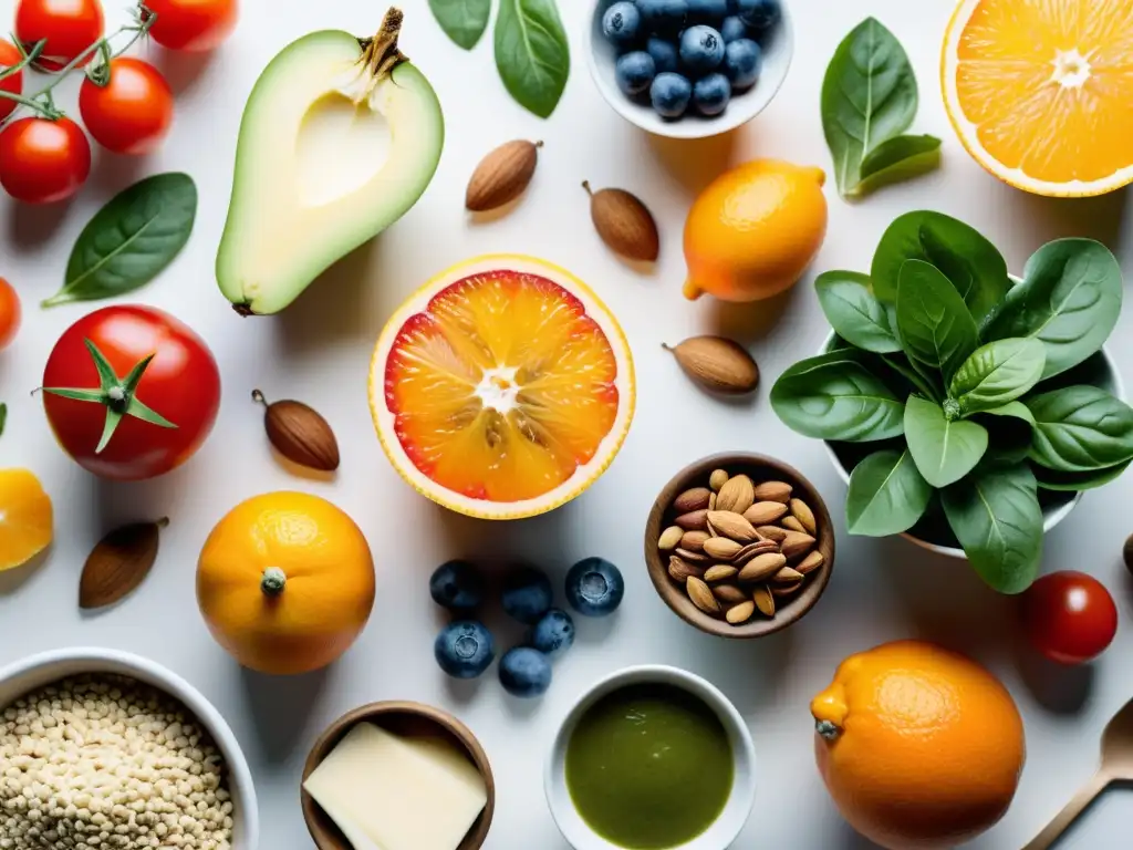 Una composición vibrante de alimentos orgánicos para huesos en una mesa blanca, irradiando vitalidad y salud