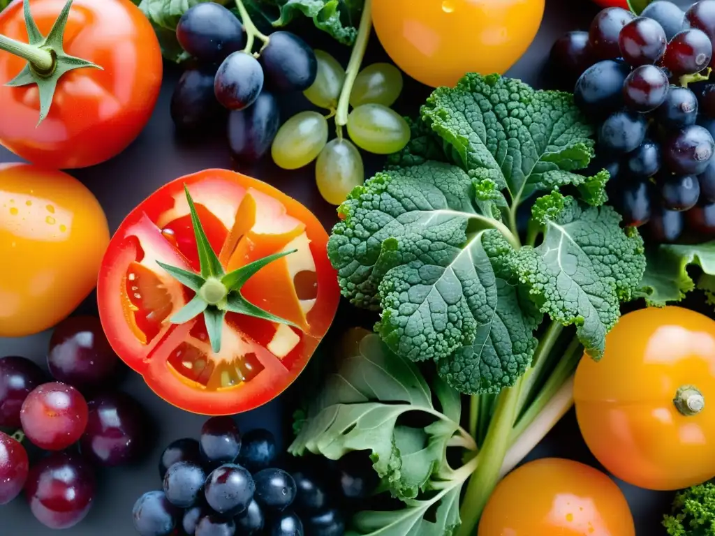 Una composición vibrante de alimentos orgánicos frescos, como tomates rojos, hojas de kale verdes, zanahorias naranjas y uvas moradas, que captura la esencia de la salud y la frescura
