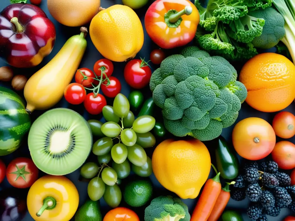 Una composición vibrante de alimentos orgánicos salud cardiovascular, con frutas y verduras frescas en un patrón simétrico y colores naturales