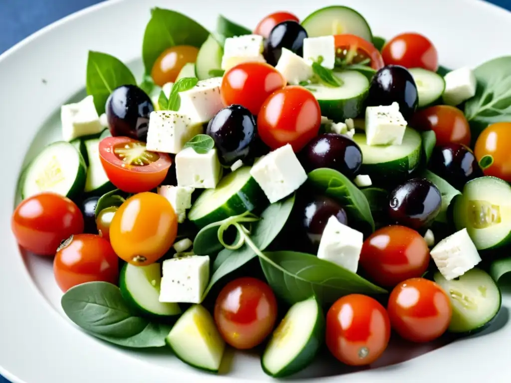 Una composición vibrante de una ensalada griega orgánica, resaltando sus ingredientes frescos y colores llamativos