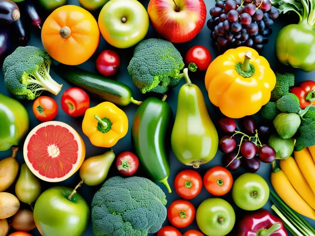 Una composición vibrante de frutas y verduras orgánicas, resaltando su belleza y diversidad