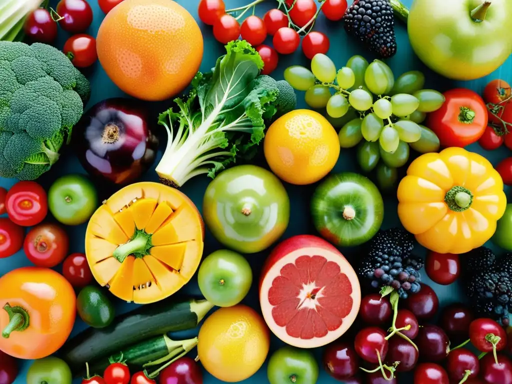 Una composición vibrante de frutas y verduras orgánicas frescas, con gotas de agua