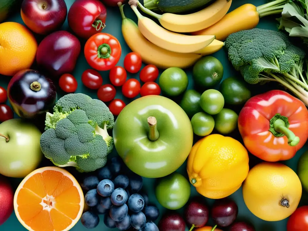 Una composición vibrante de frutas y verduras orgánicas, resaltando su frescura y variedad