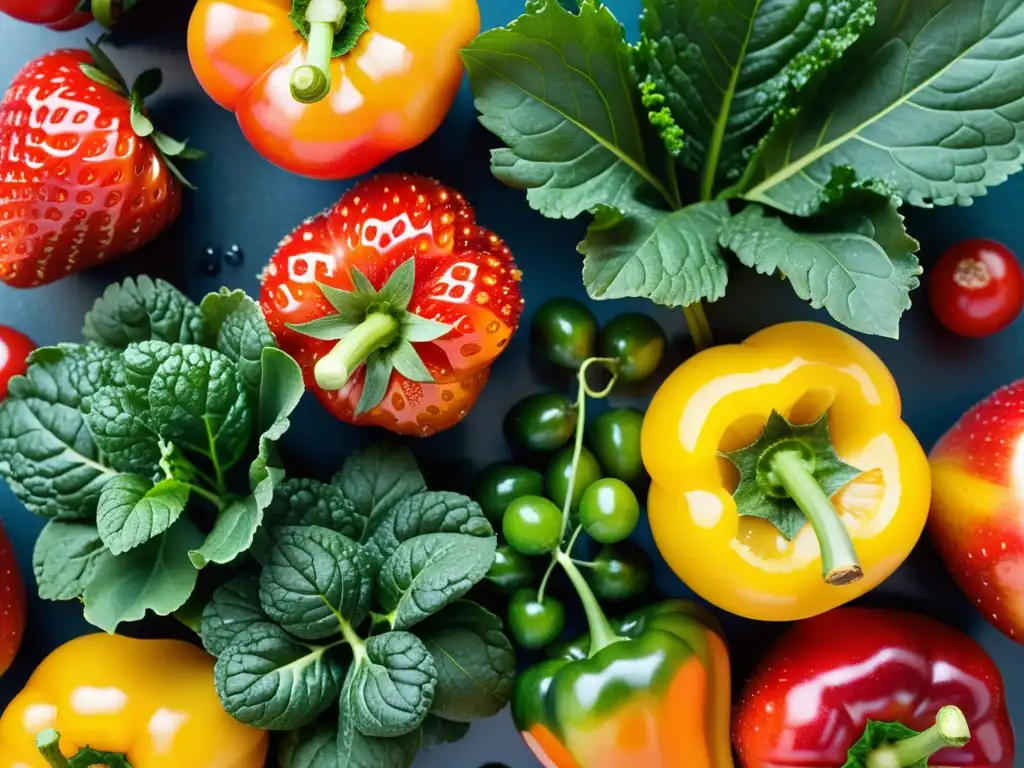 Una composición vibrante de frutas y verduras orgánicas recién recogidas, goteando rocío, fortalece sistema inmunológico con su belleza natural