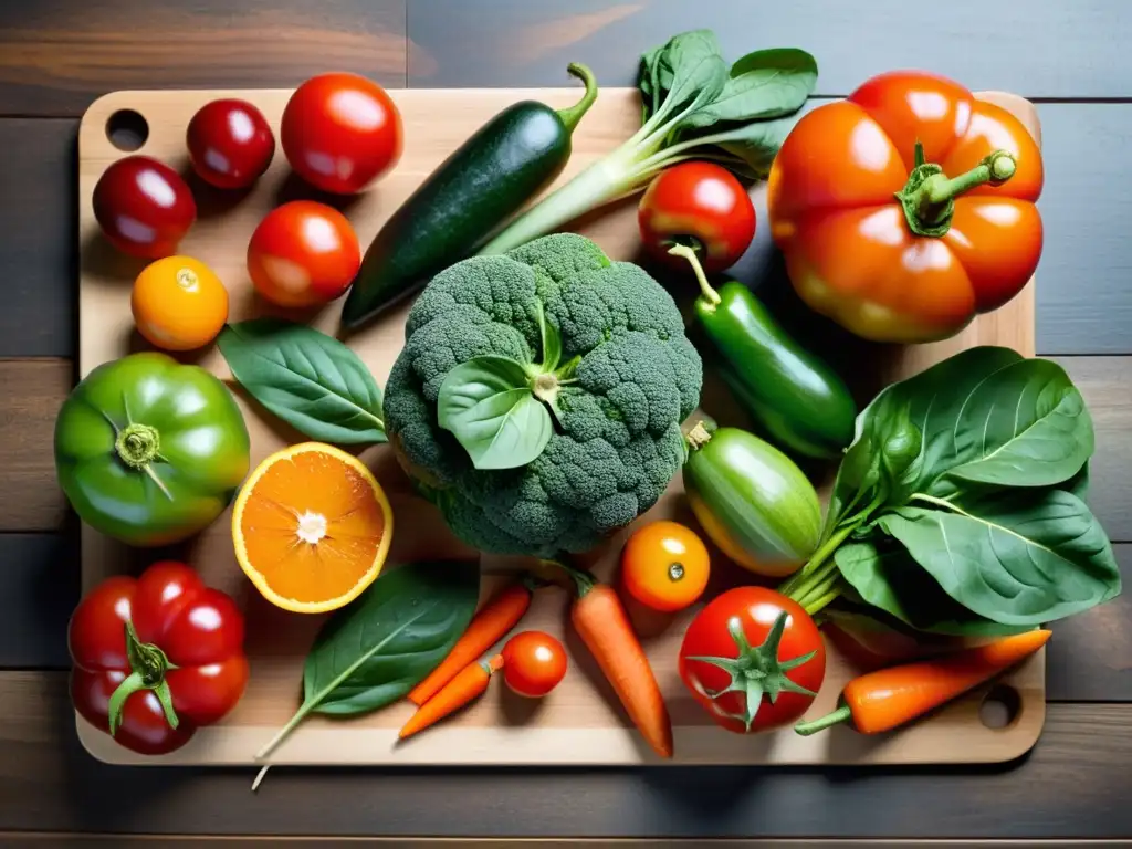 Una composición vibrante de frutas y verduras orgánicas frescas en tabla de madera