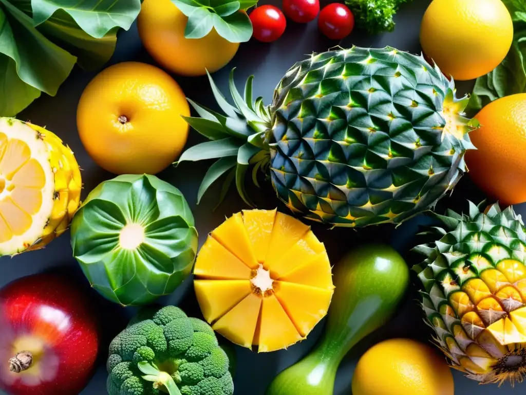 Una composición vibrante de frutas y verduras orgánicas recién cosechadas, evocando frescura y vitalidad