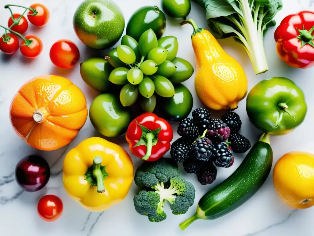 Una composición vibrante de frutas y verduras orgánicas en un mostrador de mármol blanco, exudando frescura y salud