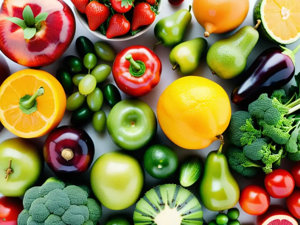 Una composición vibrante de frutas y verduras frescas y orgánicas, destacando la belleza natural de los alimentos enteros