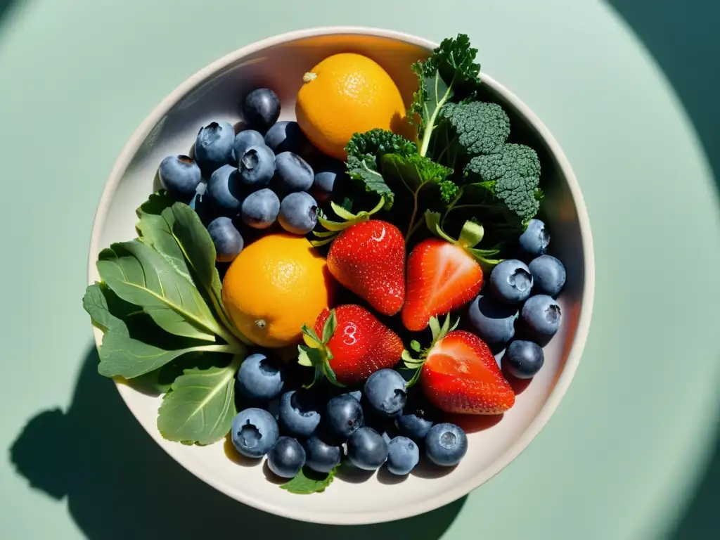 Una composición vibrante de frutas y verduras orgánicas frescas, resaltando los beneficios para una piel radiante