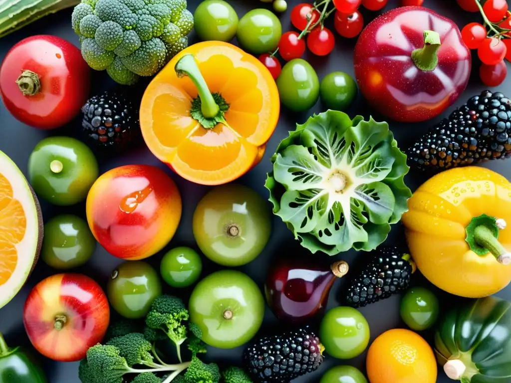 Una composición vibrante de frutas y verduras orgánicas en una cocina minimalista, transmitiendo frescura y vitalidad