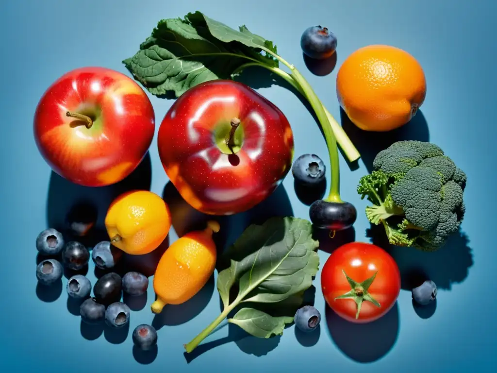 Una composición vibrante de frutas y verduras orgánicas, como manzana, arándanos, kale, naranja y tomate, reflejando frescura