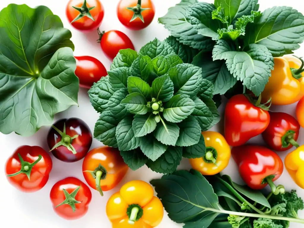 Una composición vibrante de frutas y verduras orgánicas frescas contra un fondo blanco limpio