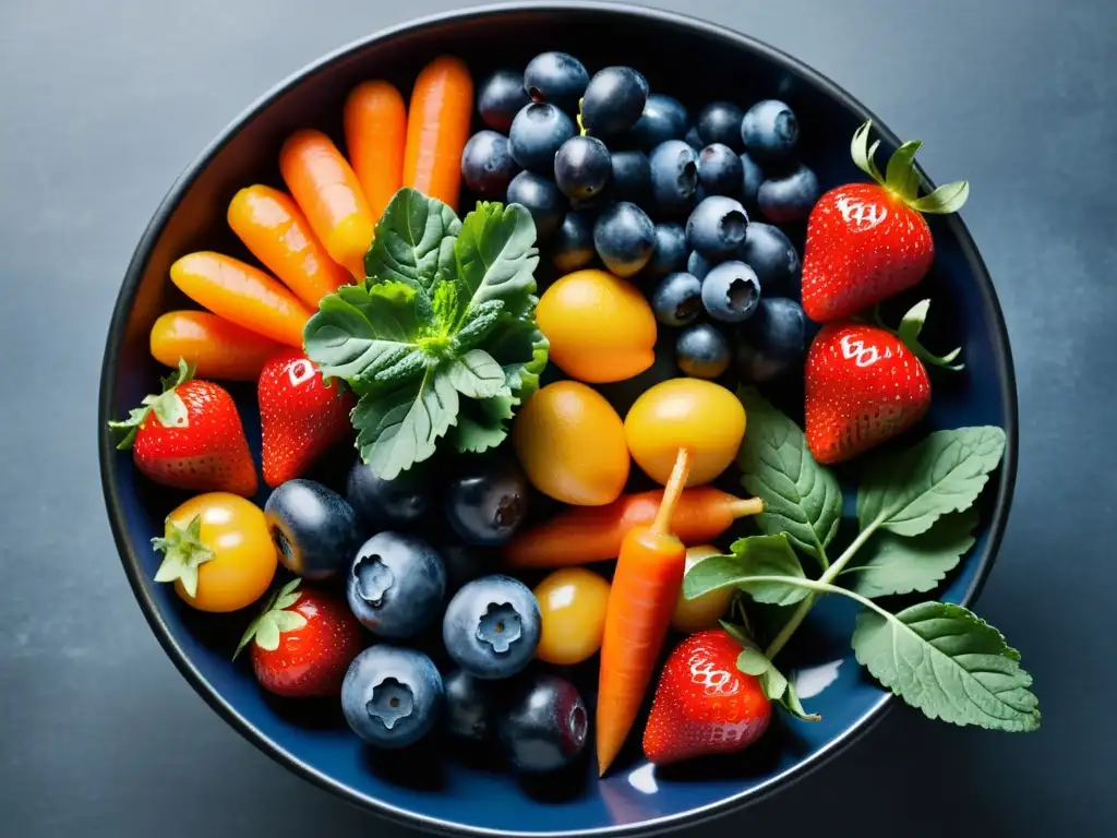 Una composición vibrante de frutas y verduras orgánicas resalta frescura y calidad
