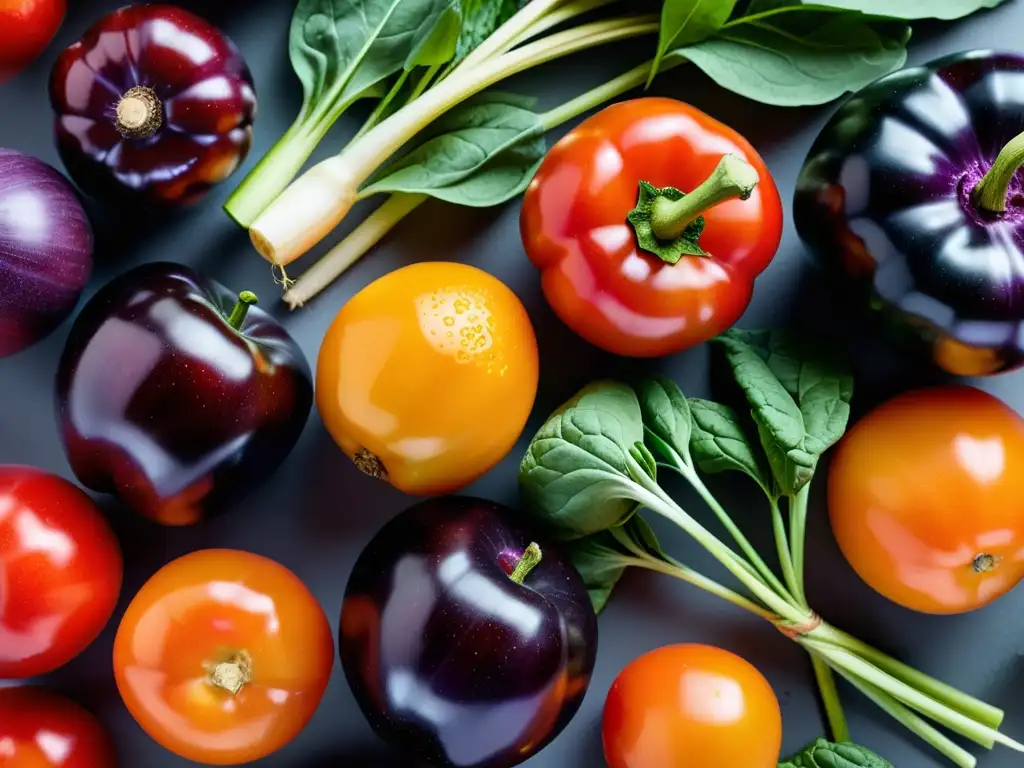 Una composición vibrante de frutas y verduras orgánicas, con colores ricos y variedos