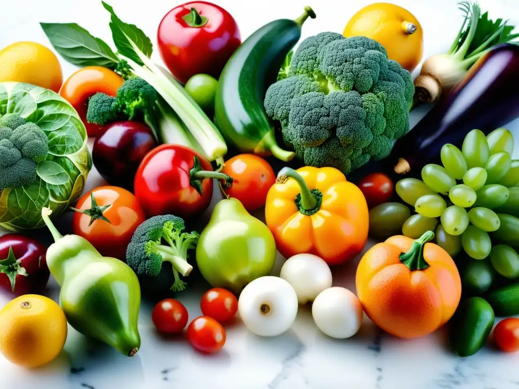 Una composición vibrante de frutas y verduras orgánicas en una elegante presentación minimalista, evocando frescura y abundancia culinaria