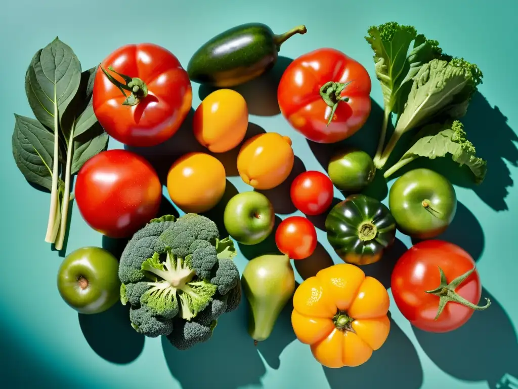 Una composición vibrante de frutas y verduras orgánicas, resaltando sus colores y texturas