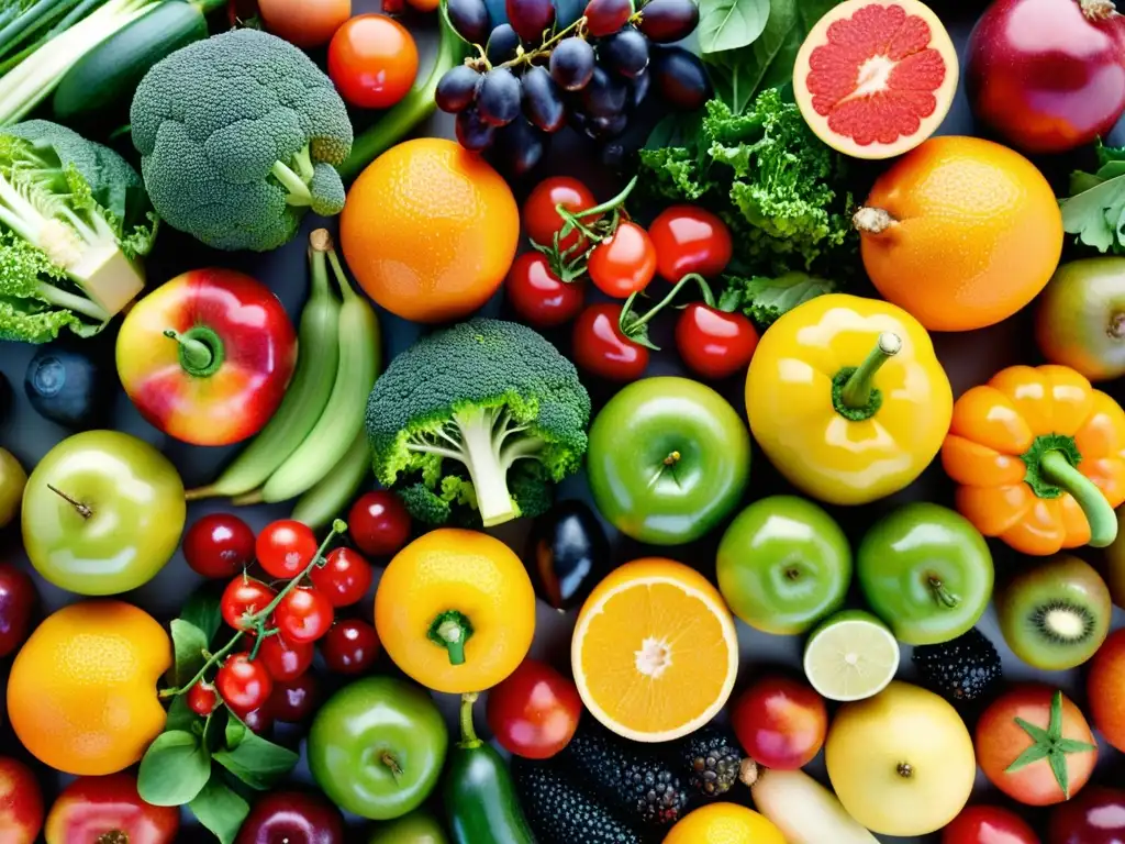 Una composición vibrante de frutas y verduras orgánicas frescas, con gotas de rocío que resaltan su belleza natural