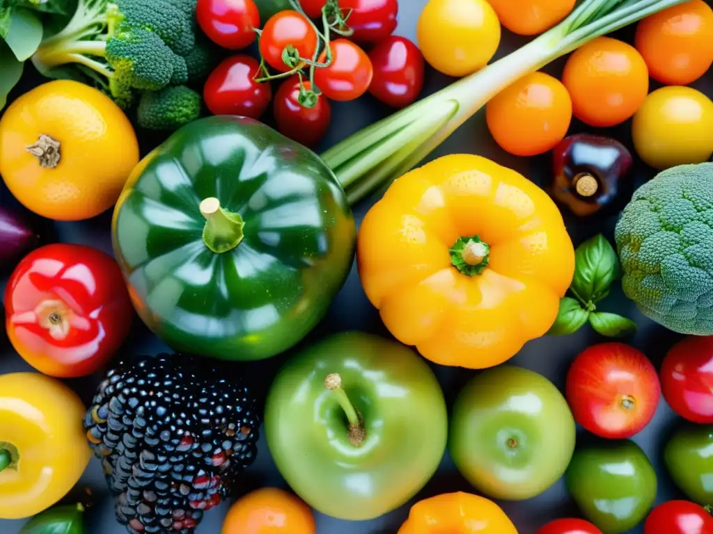 Una composición vibrante de frutas y verduras orgánicas frescas, con gotas de agua que realzan su frescura