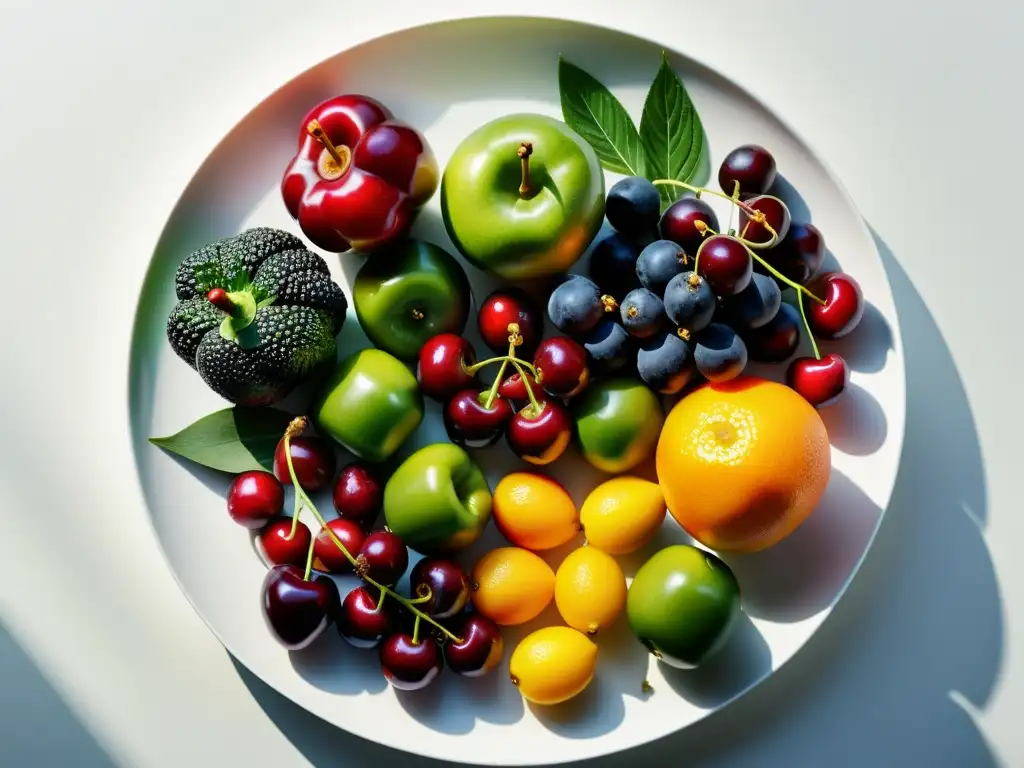 Una composición vibrante de frutas y verduras orgánicas en plato blanco