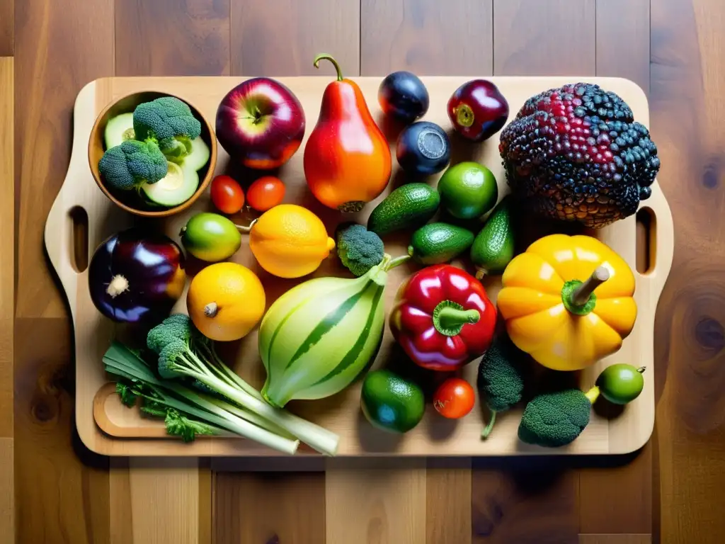 Una composición vibrante de frutas y verduras orgánicas en tabla de madera, destacando la diversidad y belleza de los alimentos orgánicos saludables