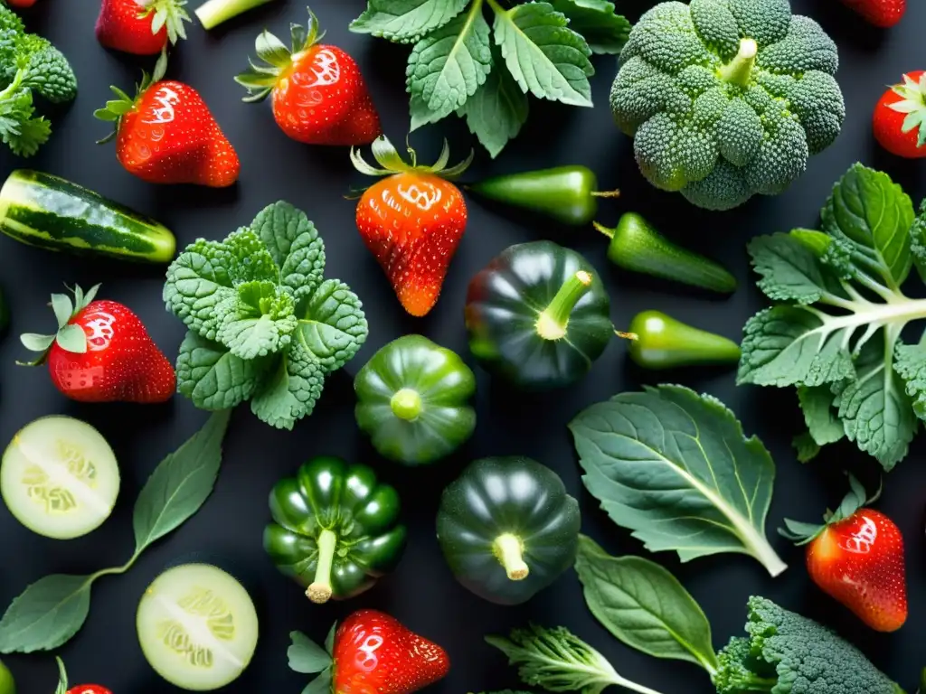 Una composición vibrante de frutas y verduras orgánicas en un patrón simétrico, con colores y texturas vivas