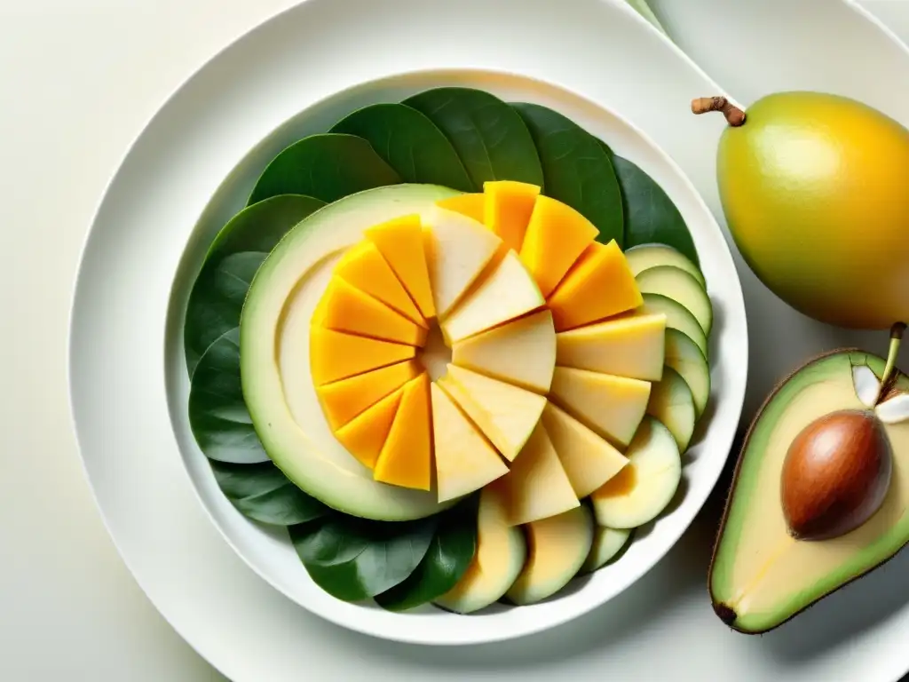 Una composición vibrante de ingredientes caribeños orgánicos en un plato blanco impecable