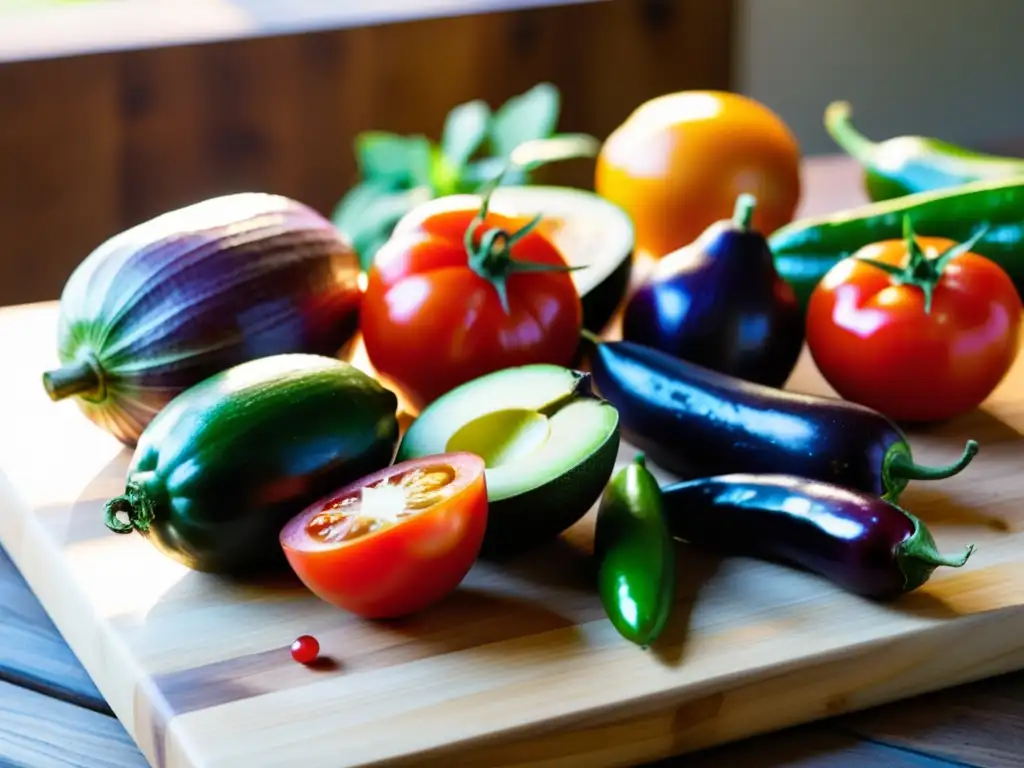 Una composición vibrante de ingredientes orgánicos mexicanos frescos en una tabla de cortar de madera