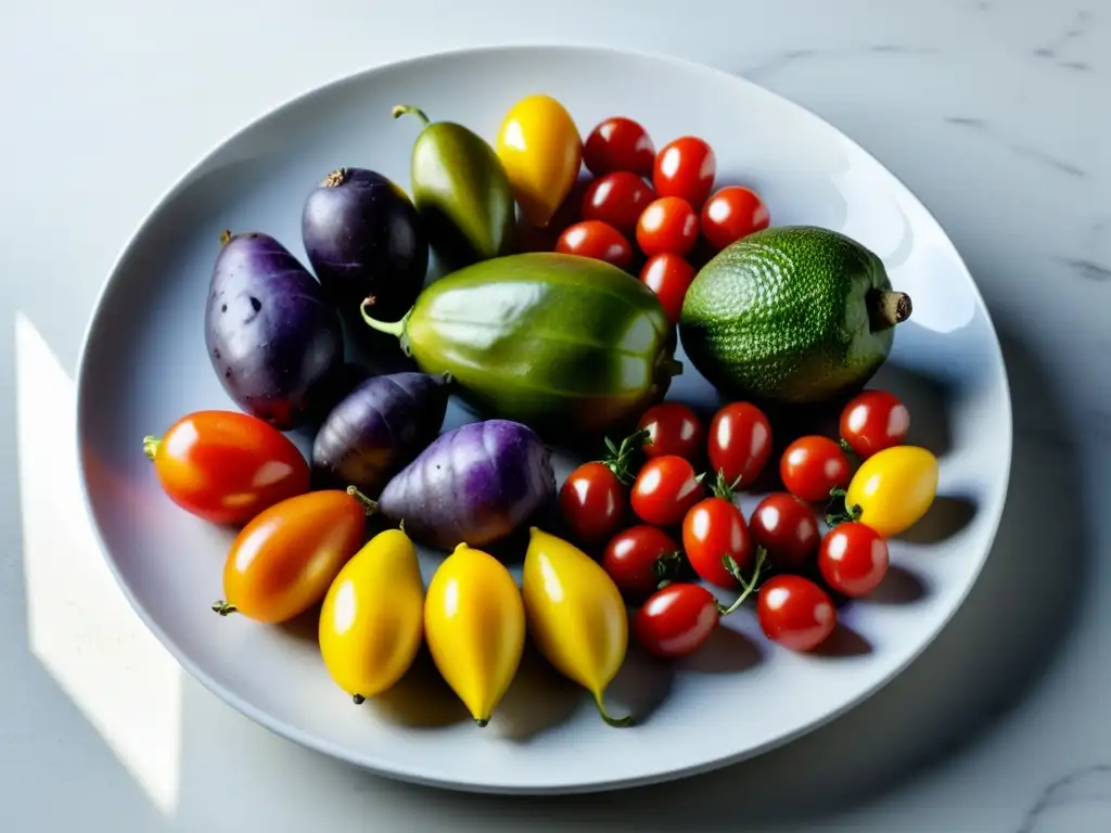 Una composición vibrante de ingredientes orgánicos peruanos en un elegante plato blanco, bañados por la luz natural